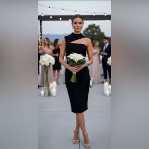 Lauren Ralph Lauren black asymmetric one-shoulder collared cocktail dress.